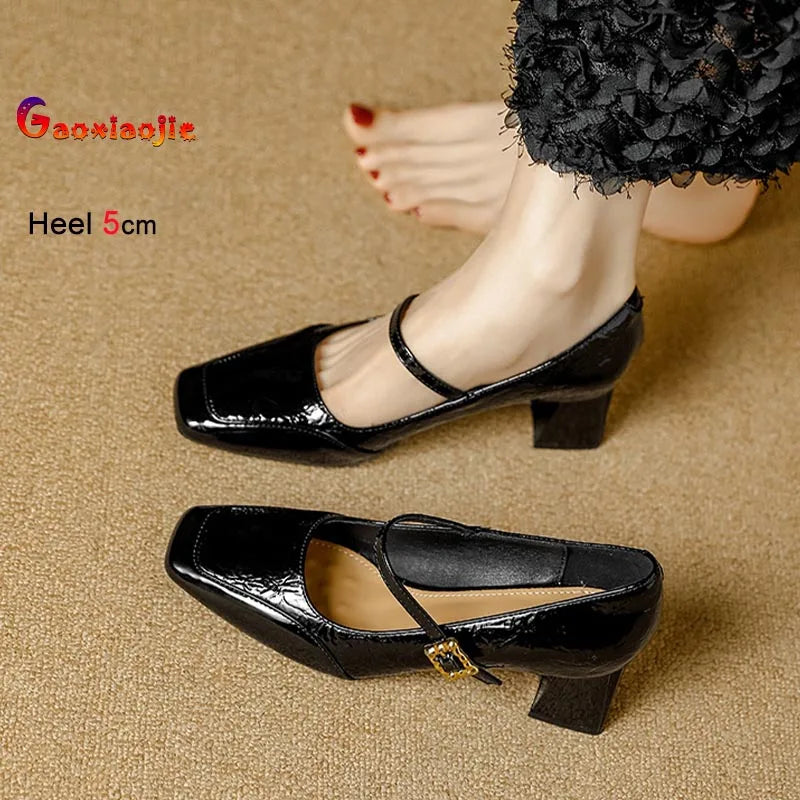Spring New French Style Vintage Women Pumps Fashion Coarse Heel Square Head Shallow Mouth Single Shoes 5CM High Heels Lady Shoes