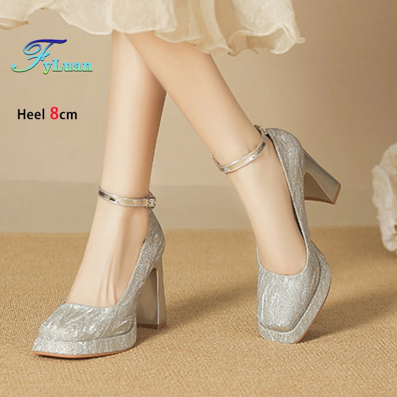 Ankle Strap High Heels Women 8CM Block Heel Square Toe Woman Shoes Glitter Platform Silvery Pumps Fashion Party Shoes For Lady