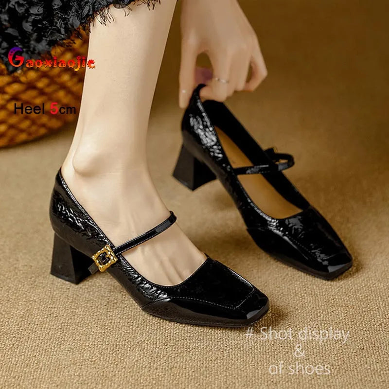 Spring New French Style Vintage Women Pumps Fashion Coarse Heel Square Head Shallow Mouth Single Shoes 5CM High Heels Lady Shoes